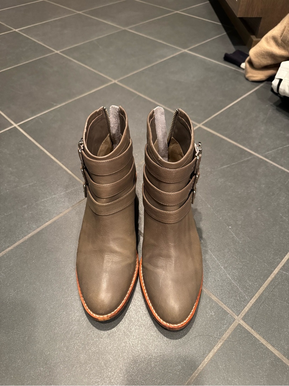 Loeffler Randall Taupe Strapped Ankle Boots with Buckles